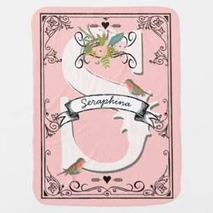 Peachy Pink Vintage Garland Monogram Girly Robin Receiving Blanket