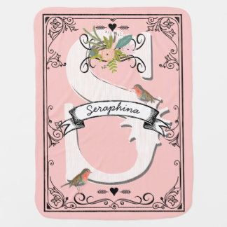 Peachy Pink Vintage Garland Monogram Girly Robin Receiving Blanket