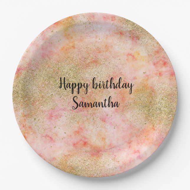 Peachy Pink Watercolor Gold Faux Glitter Birthday Paper Plates (Front)