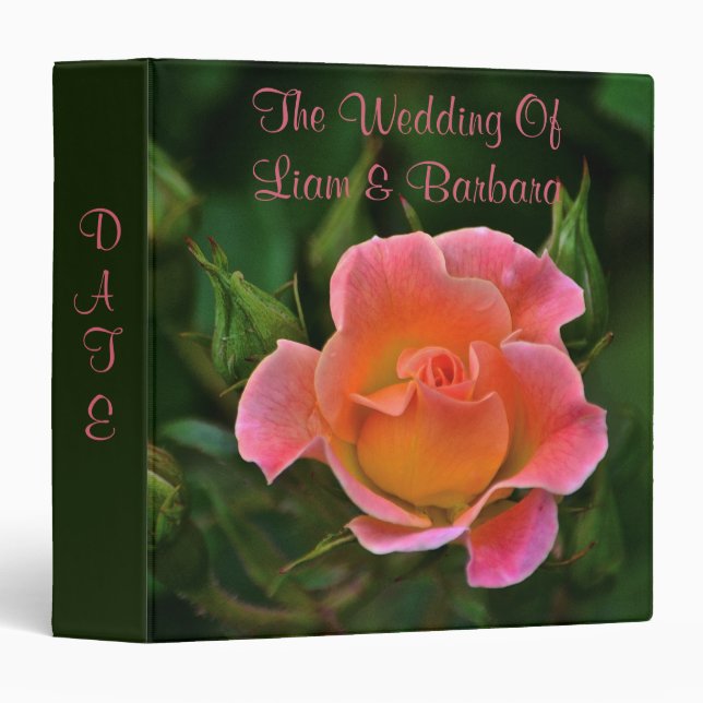 Peachy Pink Wedding Rose 3 Ring Binder (Front/Spine)