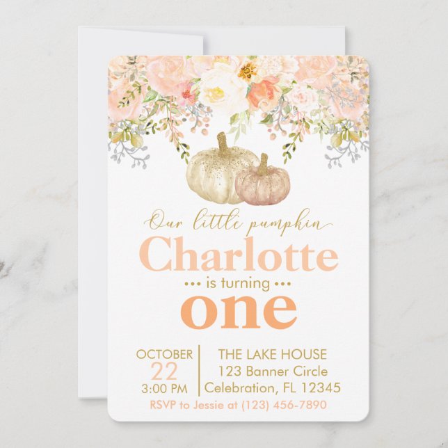 Peachy Pumpkin Girls Fall Birthday Invitation (Front)
