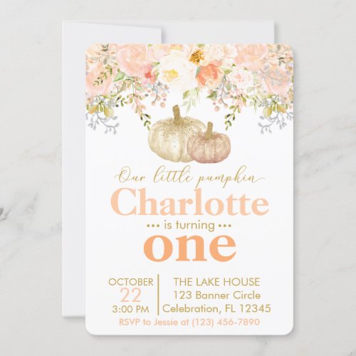 Peachy Pumpkin Girls Fall Birthday Invitation