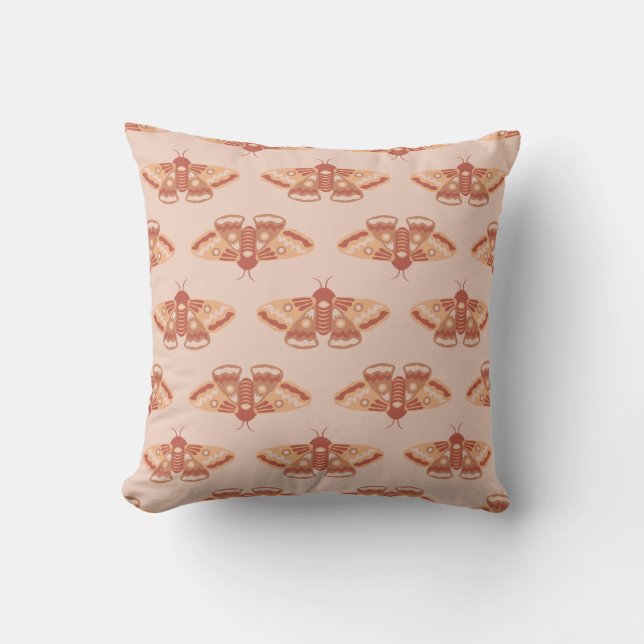 Peachy Retro Moth – Delicate Repeating Print Throw Pillow (Front)
