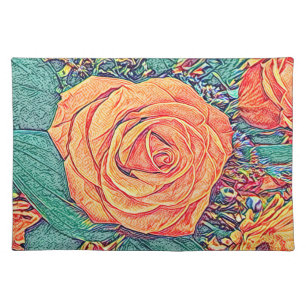 Peachy Rose watercolor and pencil Art Cloth Placemat