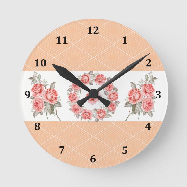 Peachy Roses & Square Design Round Clock (Front)