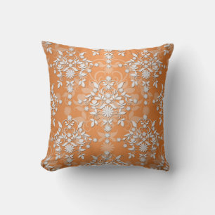 Peachy Tangerine and White Floral Damask Throw Pillow