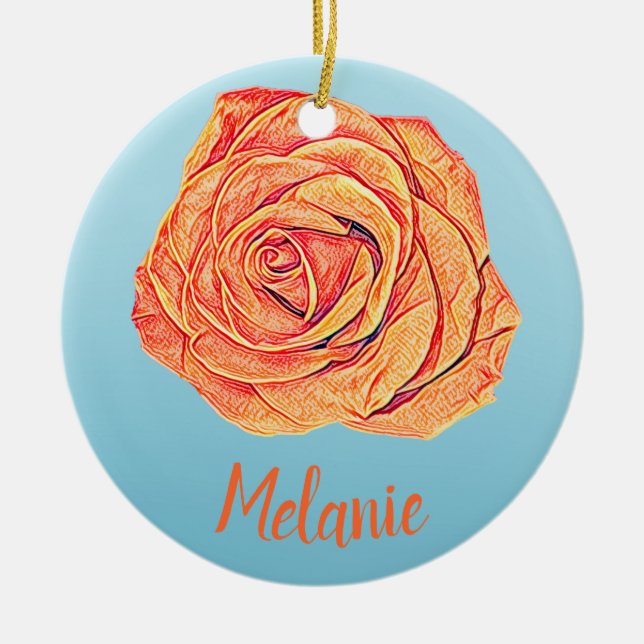 Peachy Tangerine Rose Ceramic Ornament (Front)