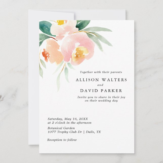 Peachy Watercolor Floral Wedding Invitation Cards (Front)