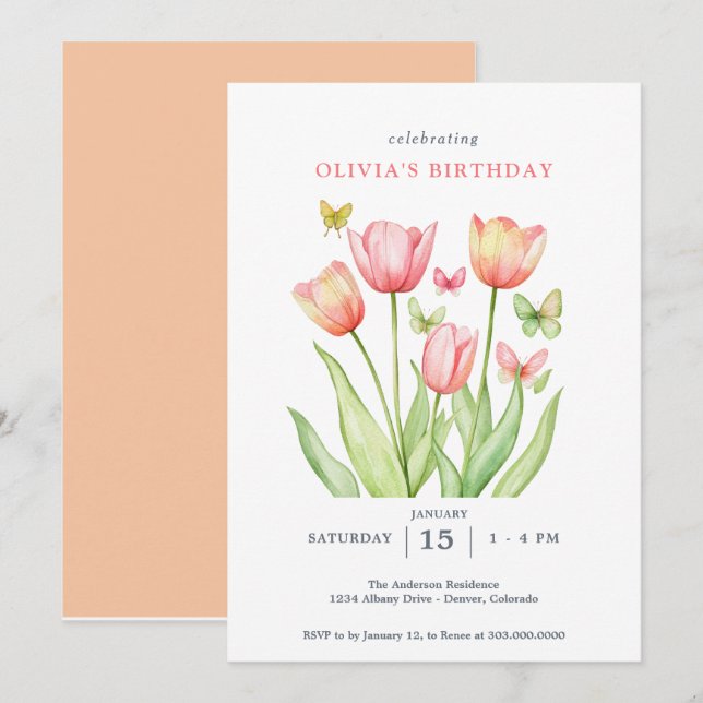 Peachy Watercolor Tulips Floral  Invitation (Front/Back)