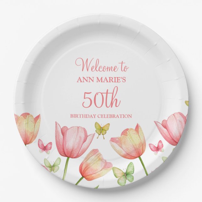 Peachy Watercolor Tulips Floral  Paper Plates (Front)