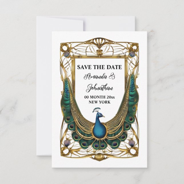 Peacock abstract art nouveau frame decorative save the date (Front)