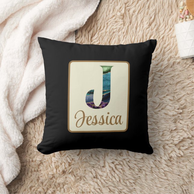 Peacock Agate Letter J Personalized Throw Pillow (Blanket)