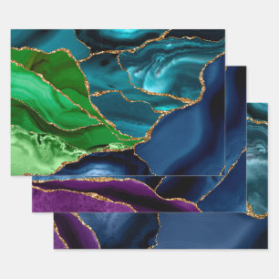 Peacock Agate Marble Purple Teal Green Wrapping Paper Sheets