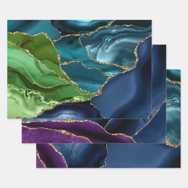 Peacock Agate Marble Purple Teal Green Wrapping Paper Sheets (Set)