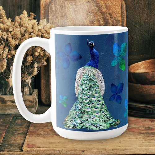 Peacock and Blue Flowers with Inspirational Poem Coffee Mug