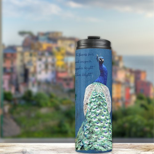 Peacock and Blue Flowers with Inspirational Poem Thermal Tumbler