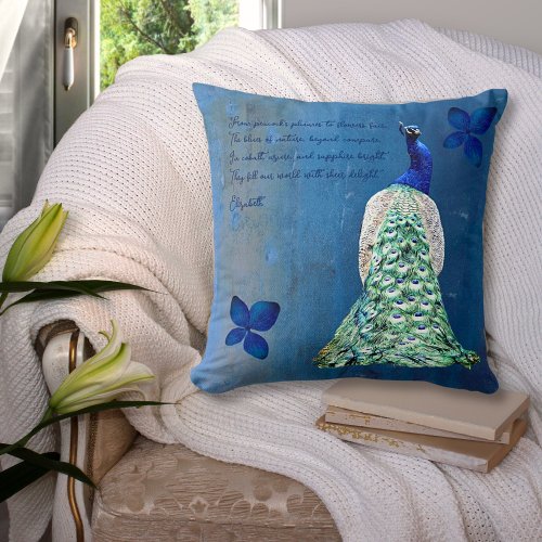 Peacock and Blue Flowers with Inspirational Poem Throw Pillow