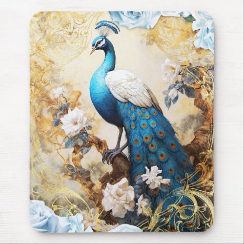 Peacock and Blue Roses Mouse Pad