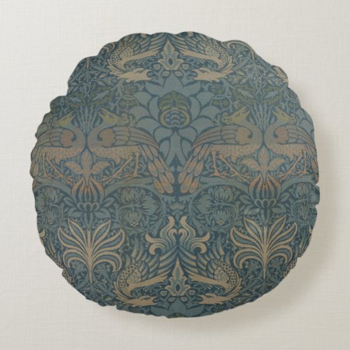 Peacock and Dragon by William Morris Round Pillow