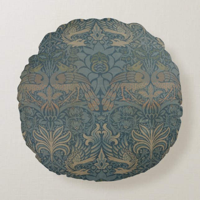 Peacock and Dragon by William Morris Round Pillow (Front)