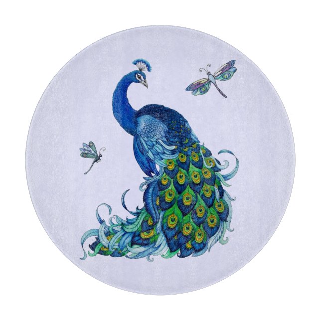 Peacock and Dragonfly Design Cutting Board (Front)
