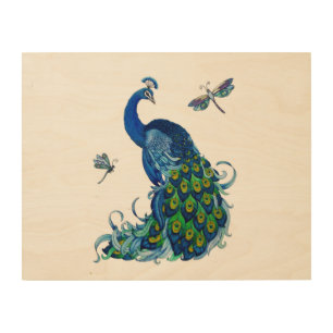 Peacock and Dragonfly Design hz Wood Wall Decor