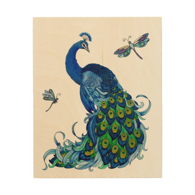 Peacock and Dragonfly Design Wood Wall Art (Front)