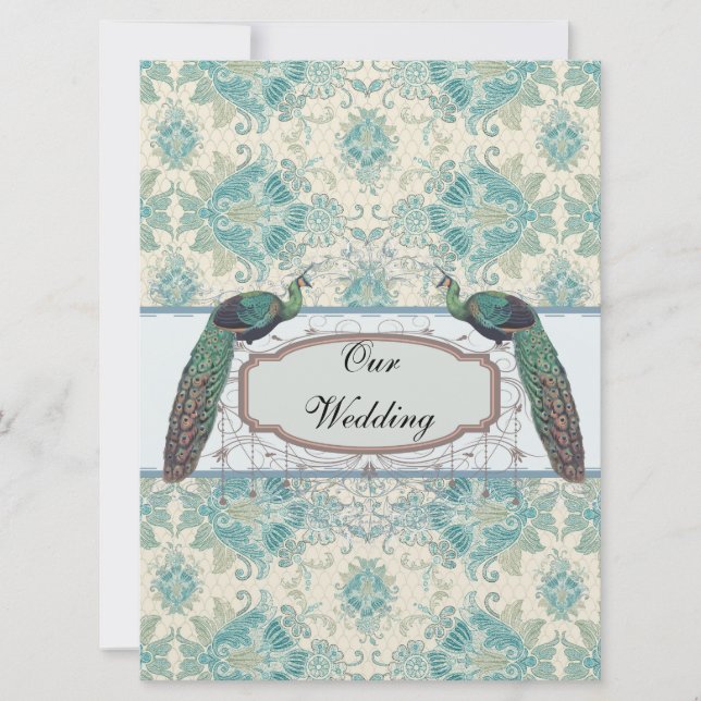 peacock and elegant cream teal damask wedding invitation (Front)