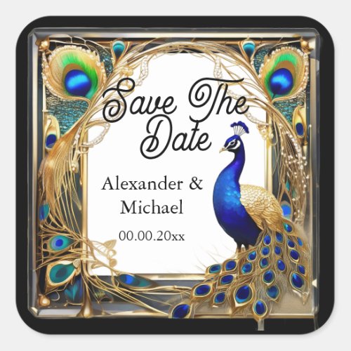 Peacock and feathers art nouveau save the date square sticker