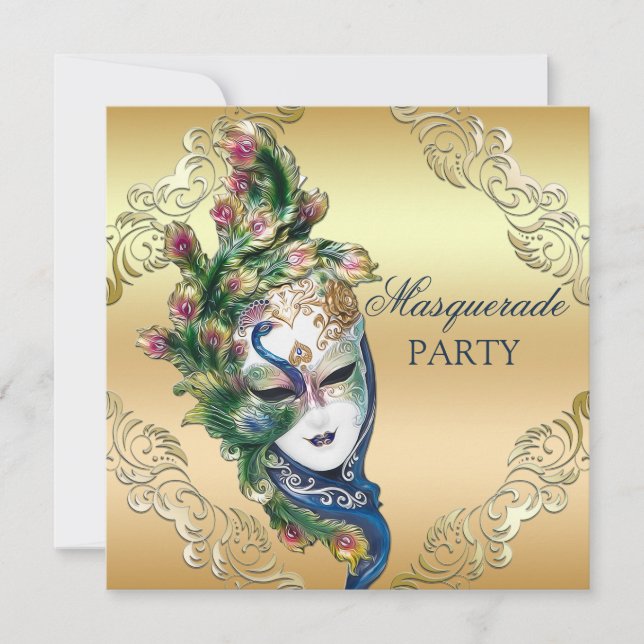 Peacock and Feathers Mask Gold Masquerade Party Invitation (Front)