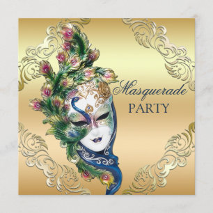 Peacock and Feathers Mask Gold Masquerade Party Invitation