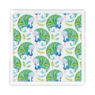 Peacock and Feathers Pattern Acrylic Tray