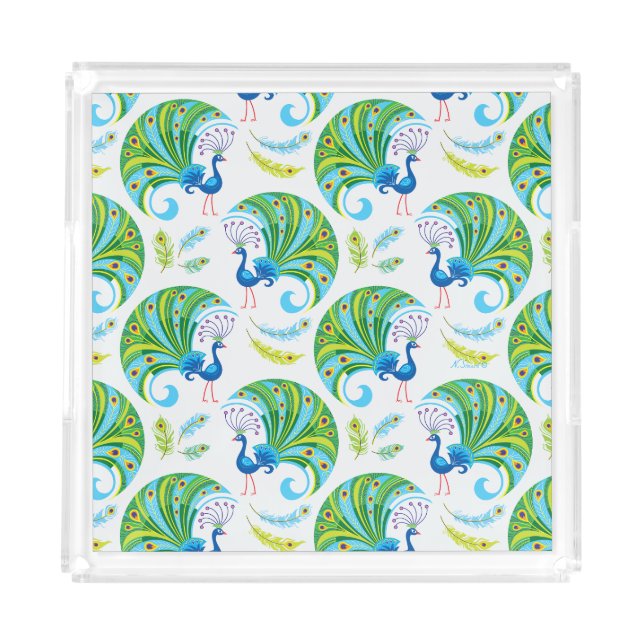 Peacock and Feathers Pattern Acrylic Tray (Front)