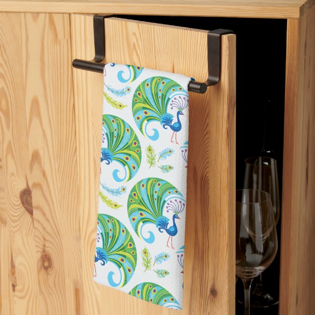 Peacock and Feathers Pattern Kitchen Towel (Thirds Fold)