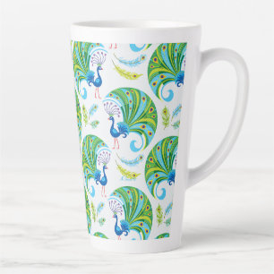 Peacock and Feathers Pattern Latte Mug