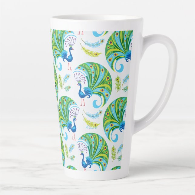 Peacock and Feathers Pattern Latte Mug (Right)