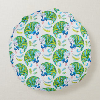 Peacock and Feathers Pattern Round Pillow