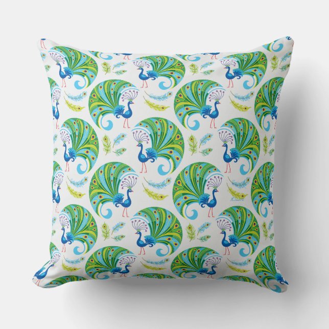 Peacock and Feathers Pattern Throw Pillow (Front)