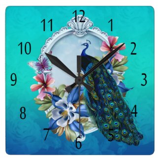 Peacock And Floral Square Wall Clock