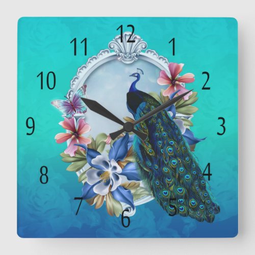 Peacock And Floral Square Wall Clock