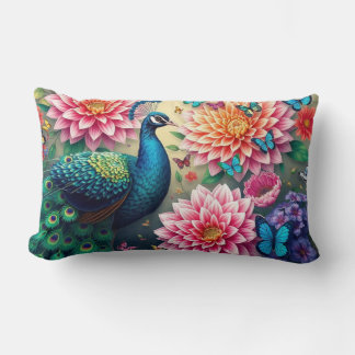 Peacock And Flowers Lumbar Pillow