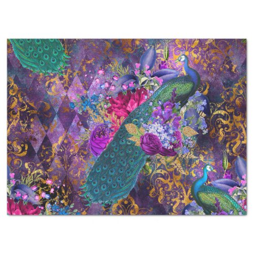 Peacock and Flowers on Purple Decoupage Tissue Paper
