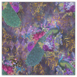 Peacock and Flowers on Purple Fabric