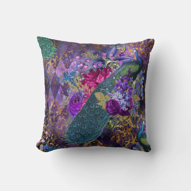 Peacock and Flowers on Purple Throw Pillow (Front)
