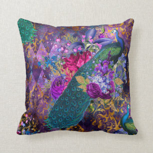 Peacock and Flowers on Purple Throw Pillow
