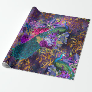 Peacock and Flowers on Purple Wrapping Paper