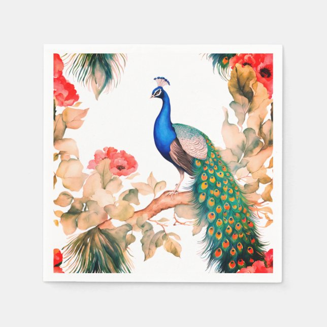 Peacock and Flowers Paper Party Napkins (Front)