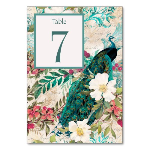 Peacock and Flowers Teal Wedding Reception Table Number