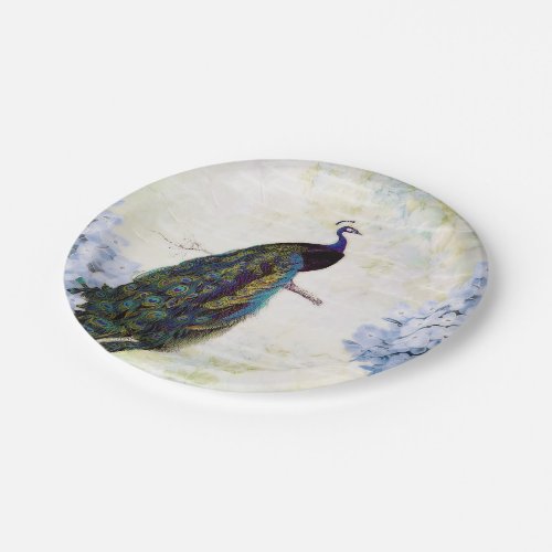Peacock and hydrangea paper plates