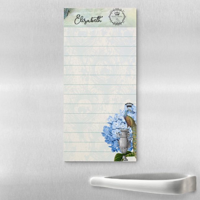 Peacock and hydrangea personalized magnetic notepad (In Situ)
